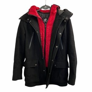 Express Men Size XS Black Wool Blend Coat Jacket Removable Red Quilted Inner Bib